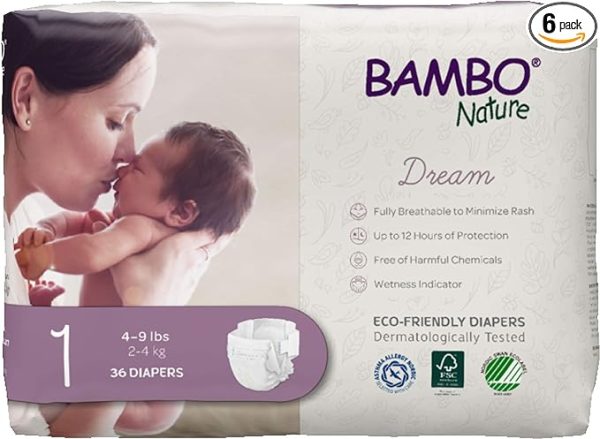 Bambo Nature Premium Baby Diapers, Size 1, 36 Count (Pack of 6), Total 216 Count